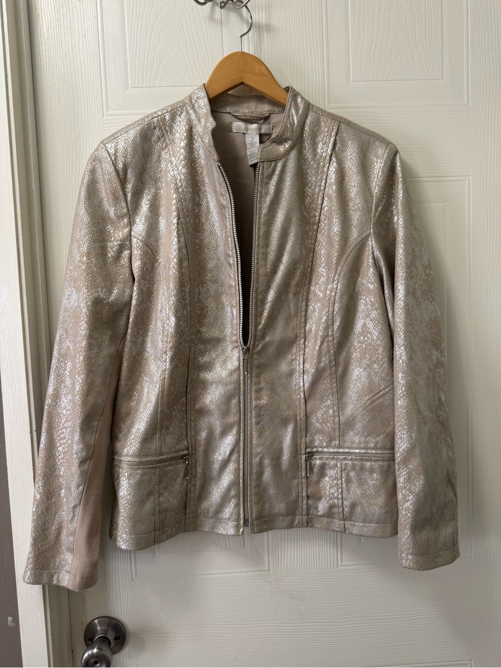 Chico's Metallic Taupe Snake-Embossed Zip Jacket